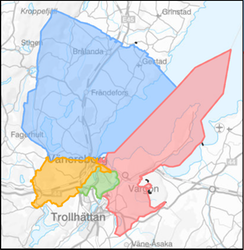Karta som visar skolområden med olika färger