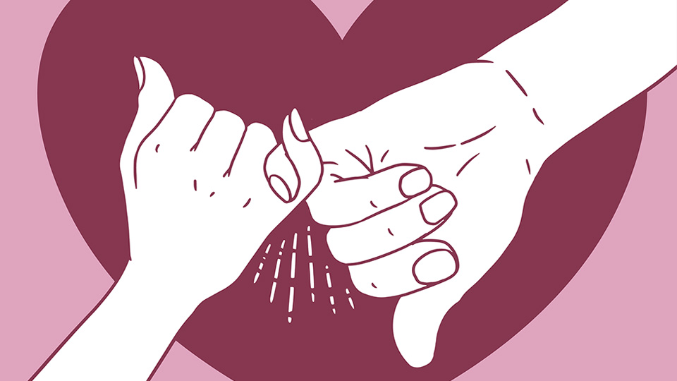 Tecknad bild med två händer som krokar i lillfingrarna i varandra. I bakgrunden syns ett rött hjärta.