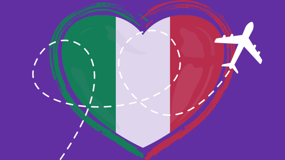 En lila bakgrund och i mitten är ett hjärta målat med italiens flaggas färger. Framför hjärtat finns ett vitt flygplan och bakom flygplanet finns små vita sträck vilket skall representera den bana som flyget åkt.