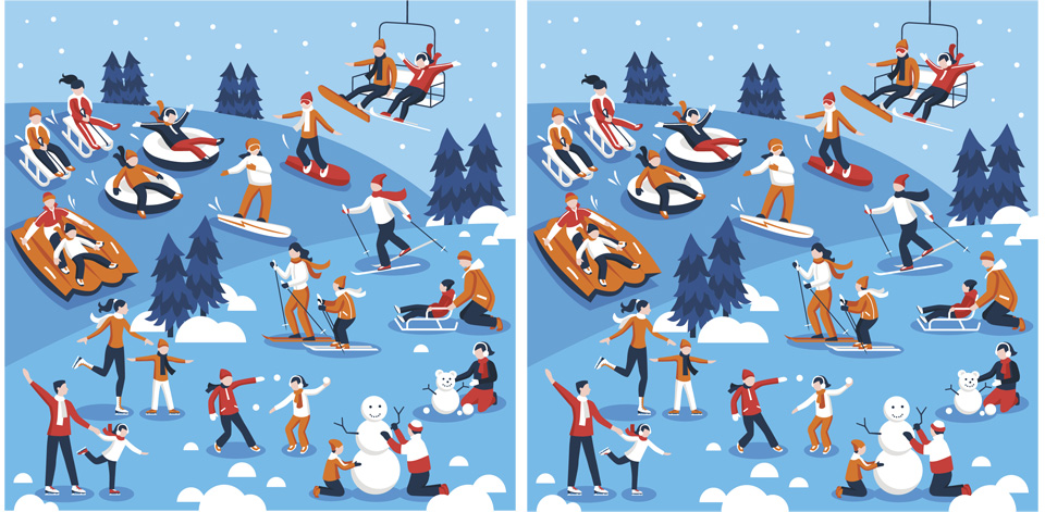 Ett tecknat vinterlandskap med massa figurer som åker skidor och bygger snögubbar med mera.