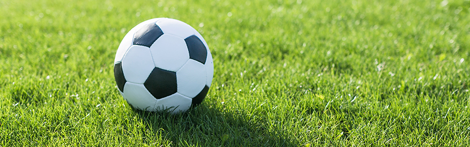 En svartvit fotboll som ligger på grönt gräs.