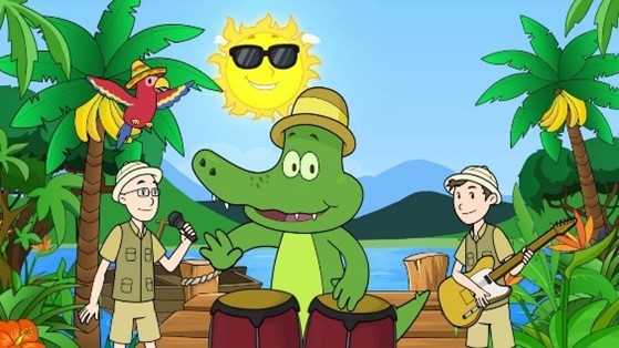 Bilden visar tecknade figurer bland annat två jägare, en krokodil  och en sol
