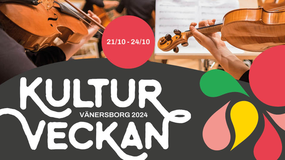 Kulturveckans logotyp, samt bilder av två personer som spelar fiol.