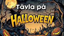 Tecknad bild med pumpor och läskiga träd. Texten Tävla på Halloween står över bilden.