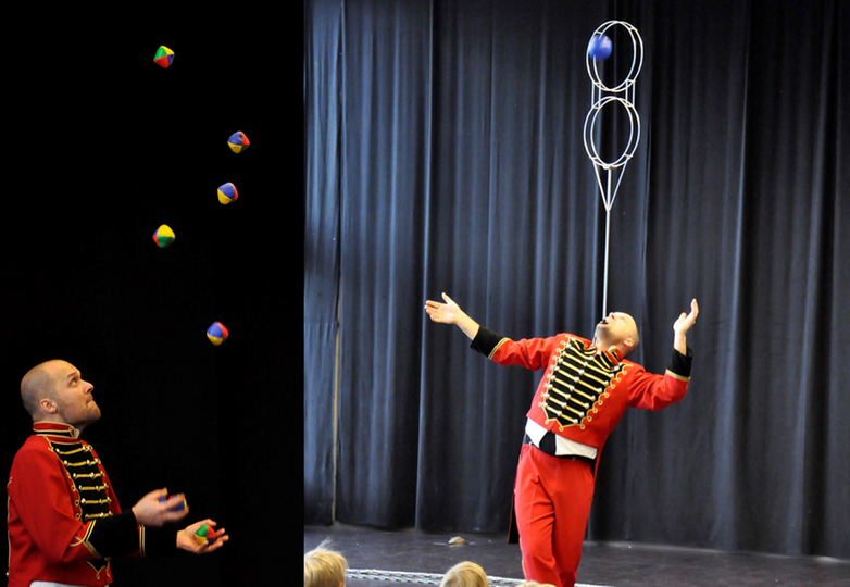 Cirkusartist Richard Ljungman jonglerar och utför ett balansnummer